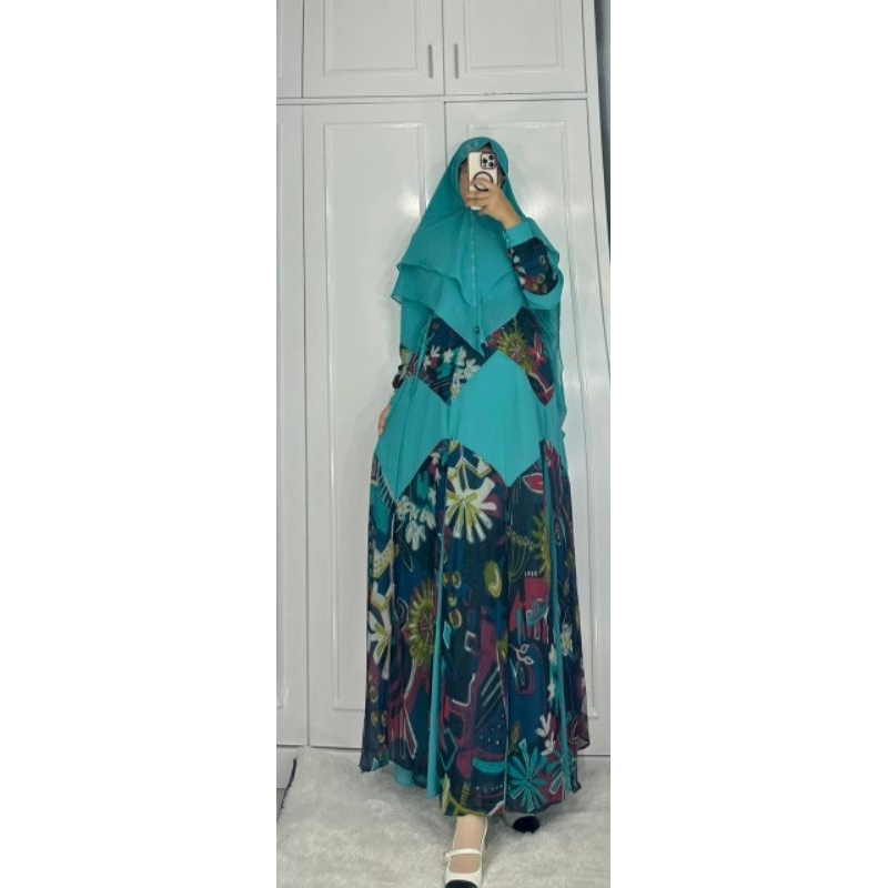 GAMIS SYARI SET HIJAB KHIMAR SERAGAMAN JUMBO STANDAR BAHAN CERUTY MOTIF TERBARU BRAND,,YULIA HD ORI 