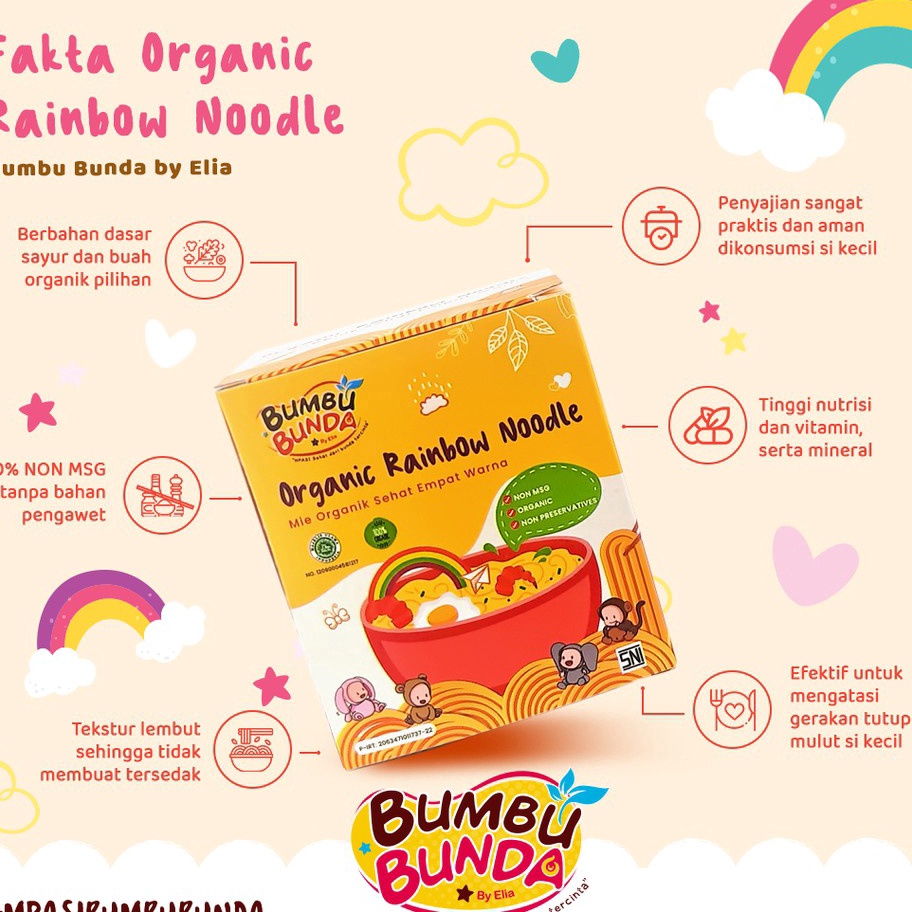 

QFWM5321 8.8 Bumbu Bunda Organic Rainbow Noodle Mie Organik Sehat Empat Warna Mie Sayur MPASI