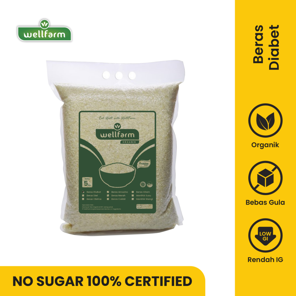 

Beras Diabetes Organik 5Kg Kemasan Baru Non Vacuum | WellFarm Beras Diabet Organik Free Sugar Low GI