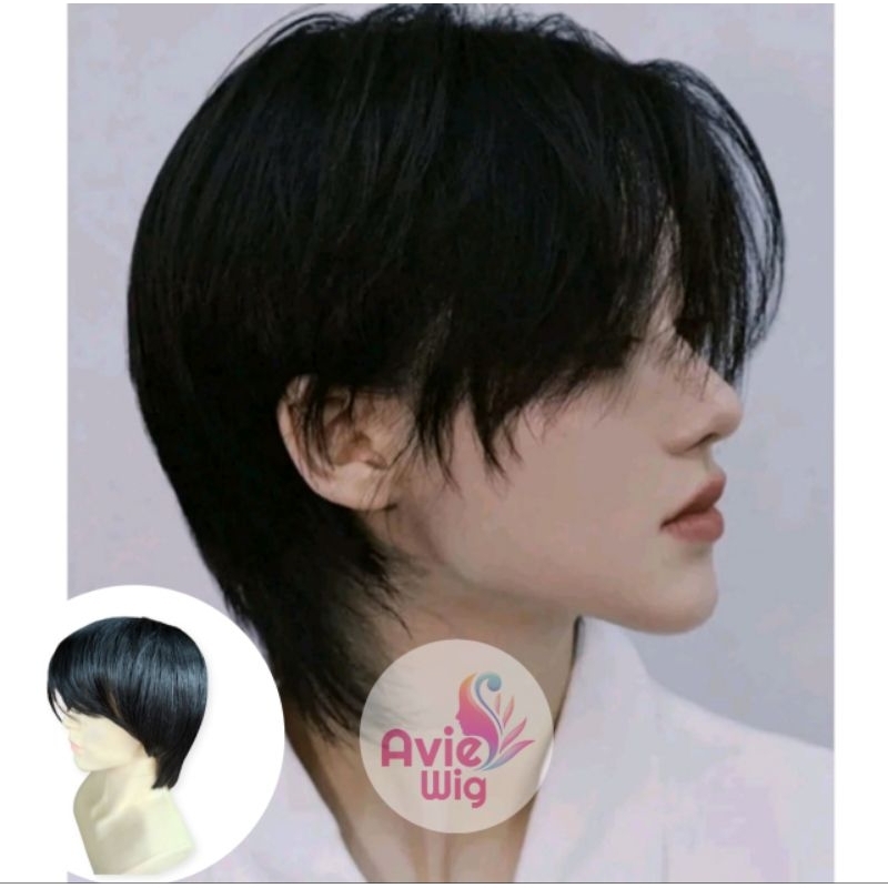 Full Wig Pria Rambut Palsu pria tampan kuncir pendek