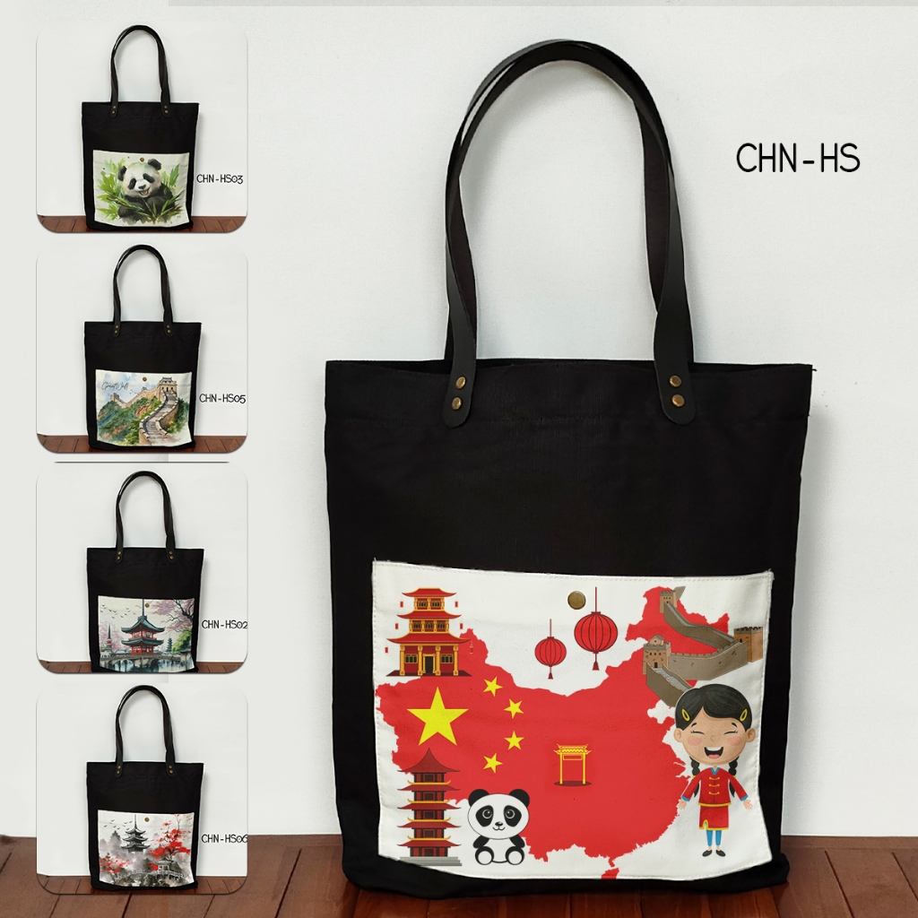 Tote Bag Canvas Hitam Saku Souvenir China Tas Kanvas oleh oleh China