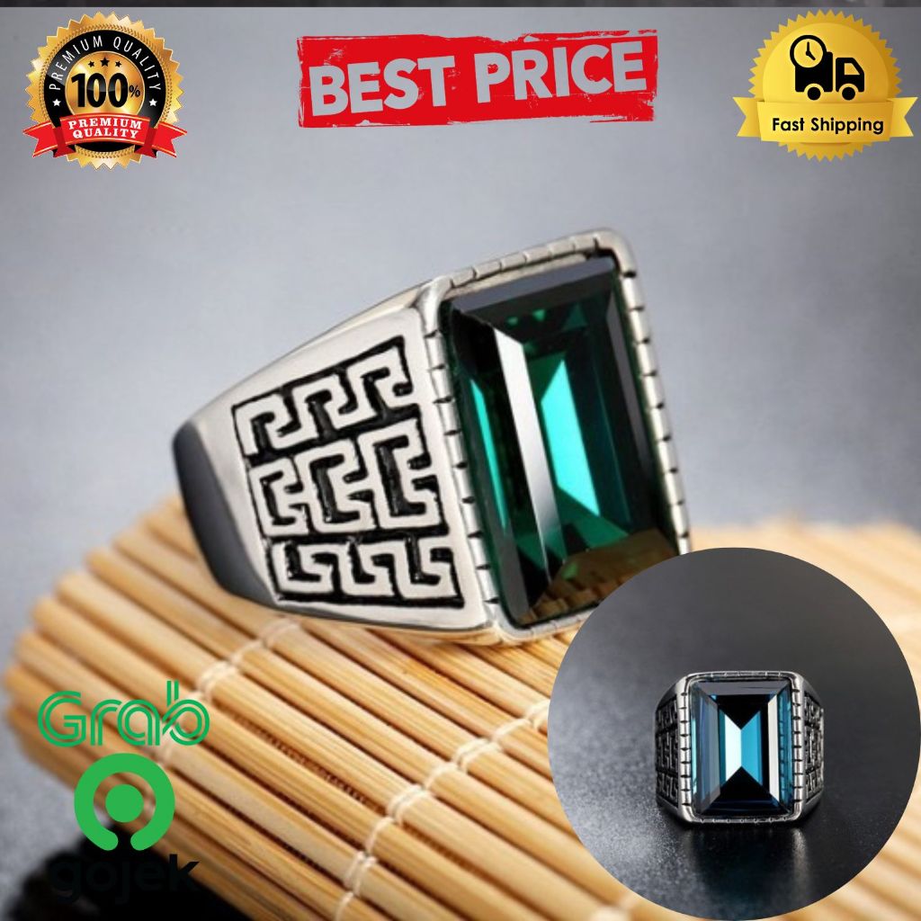 Cincin batu pria hijau biru titanium silver emerald safir stone , Cincin batu / cincin pria / cincin