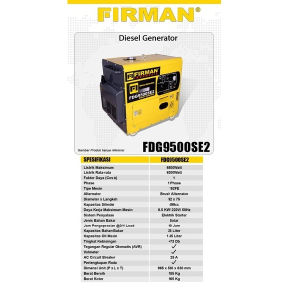(FDG-9500SE2 FIRMAN) Mesin Genset DIESEL Silent 6500 Watt FDG9500SE2 FIRMAN / Power Generator Gasoli