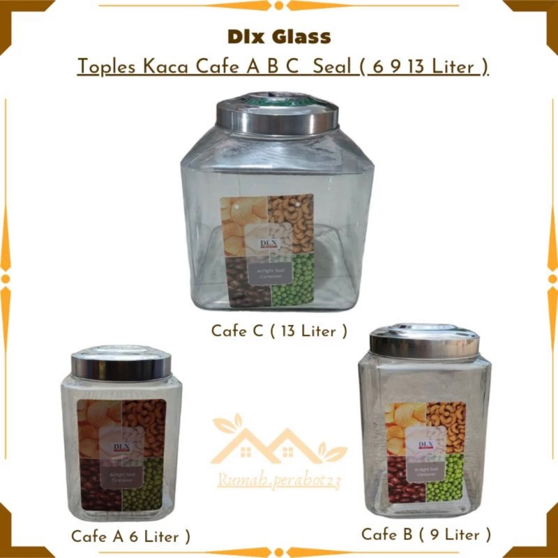 DLX Glass Toples Kaca Cafe A B C ( 6 9 13 ) Toples Kaca Kotak Segi Kedap Udara Toples Asinan