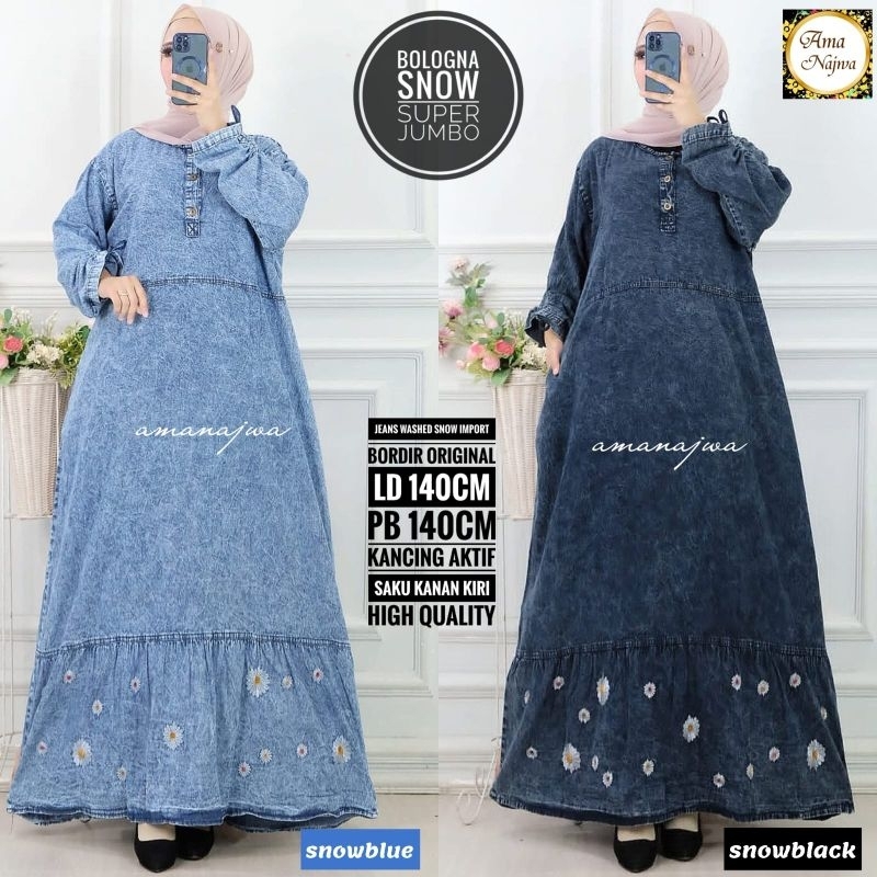 Bologna Dress Maxy Gamis Super Jumbo Polos Jeans Snow Bordir Bunga Ld 140 Fit XXXXL By Amj