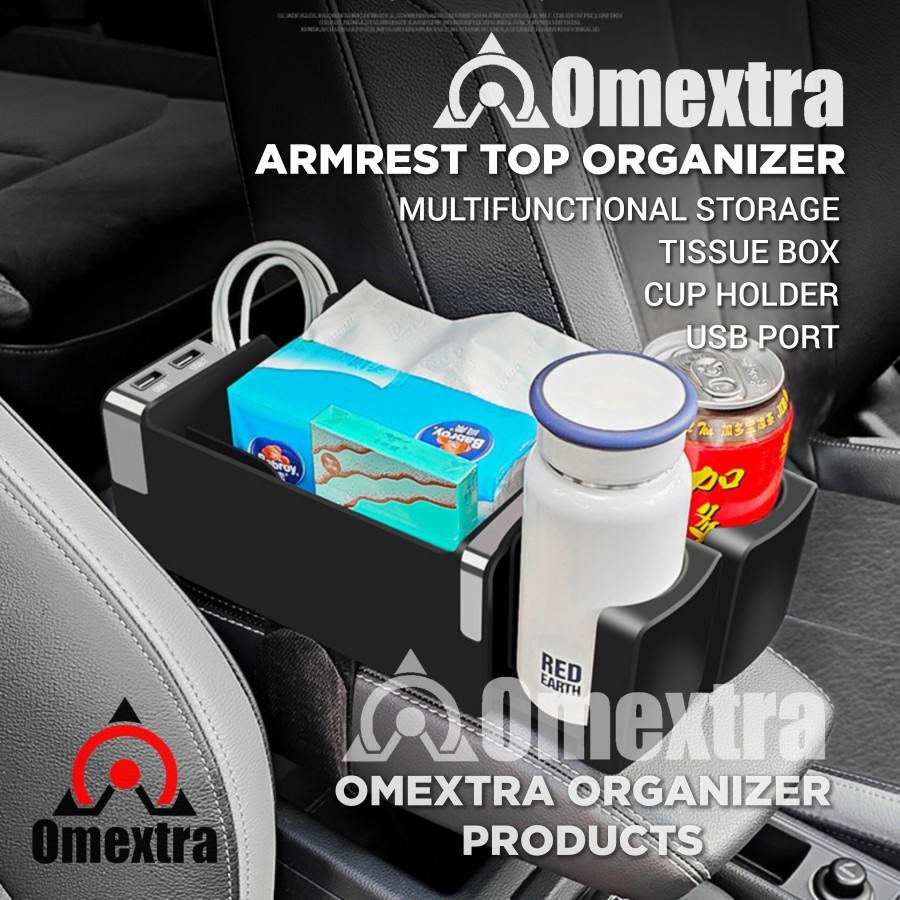 Armrest Top Organizer Box Indomextra Tempat tisu Cup Holder Mobil Charger HP Mobil