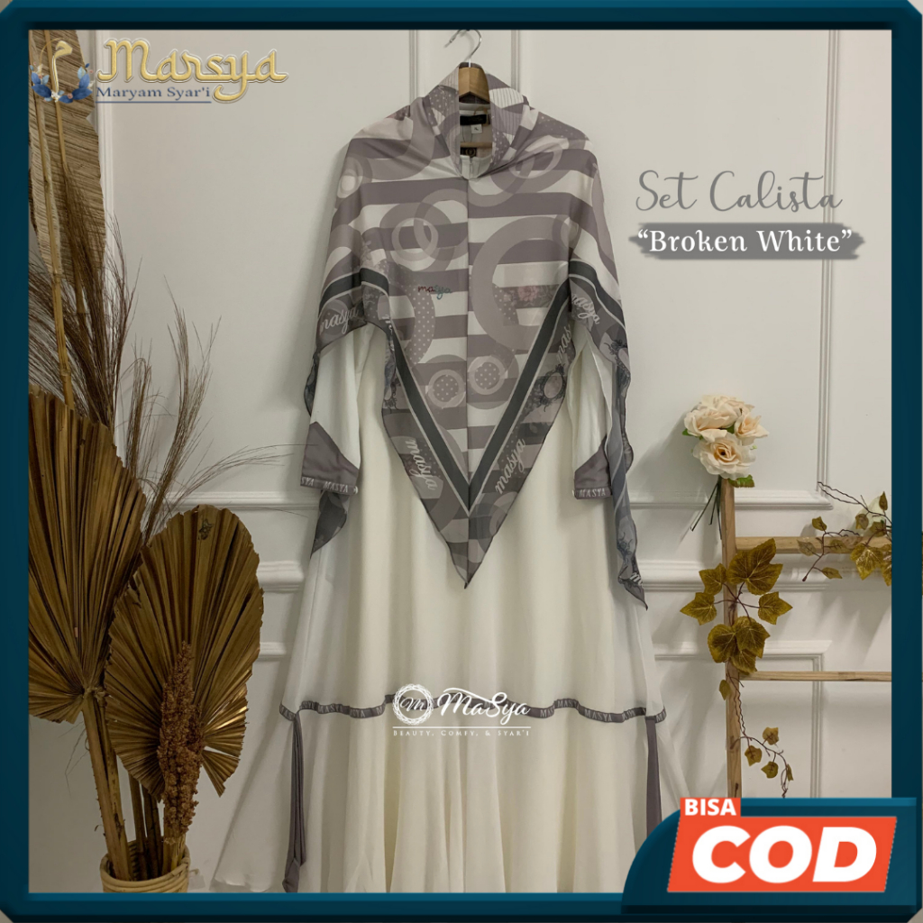 Set Gamis Dress Ceruty Babydoll Syari Branded Warna Putih Tulang - Broken White Mewah Masya Syari Or