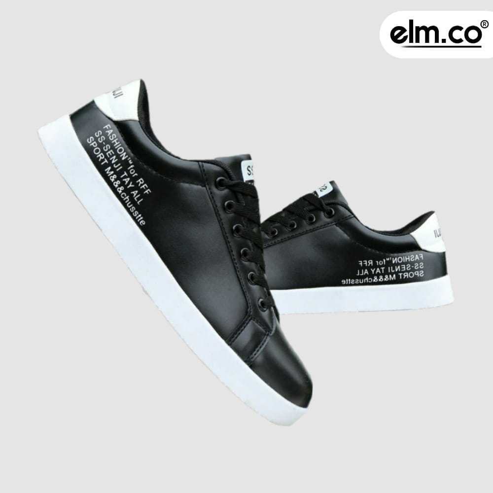 elm.co [COD] Sepatu pria Sneakers Putih &amp; Hitam sepatu olah raga pria ss.senji terlaris sepatu Pria casual senji hitam