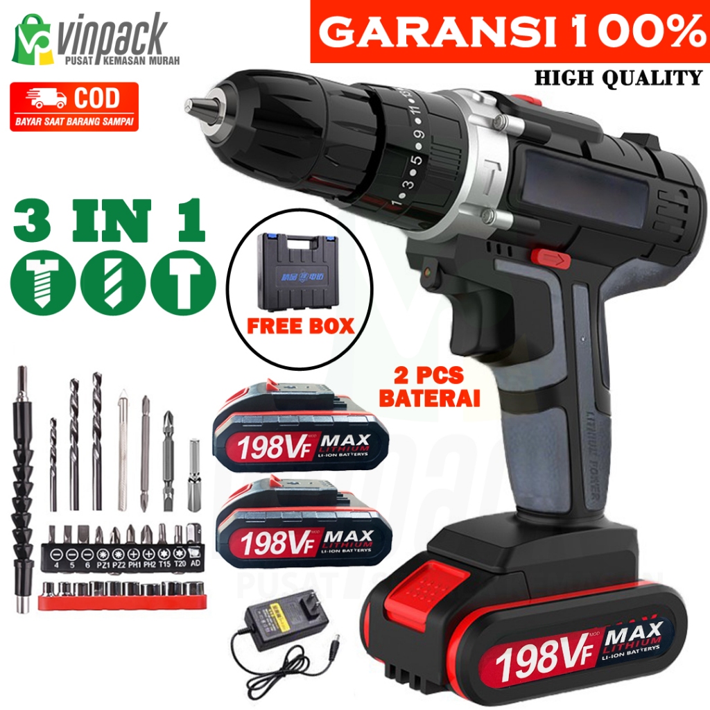 Bor Listrik 1 Set Lengkap 198VF 10mm Reversible/ Bor Listrik Modern Tanpa Kabel Cordless Real 108VF/