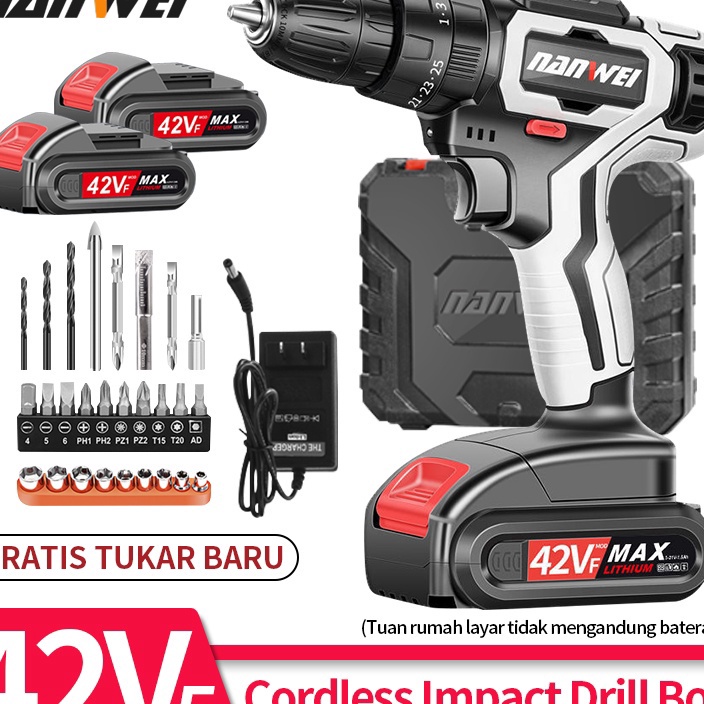 TERLARIS.. NANWEI - Mesin Bor Cordless/Bor Baterai/ Bor Listrik/Beton Besi Kayu Full 42VF Set Piliha