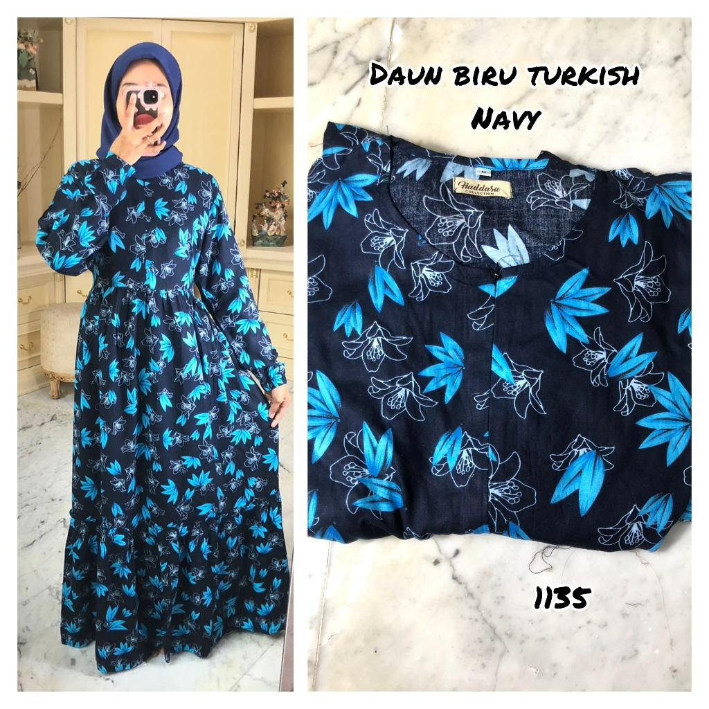 GAMIS RAYON MOTIF DAUN BIRU TURKISH (NAVY)