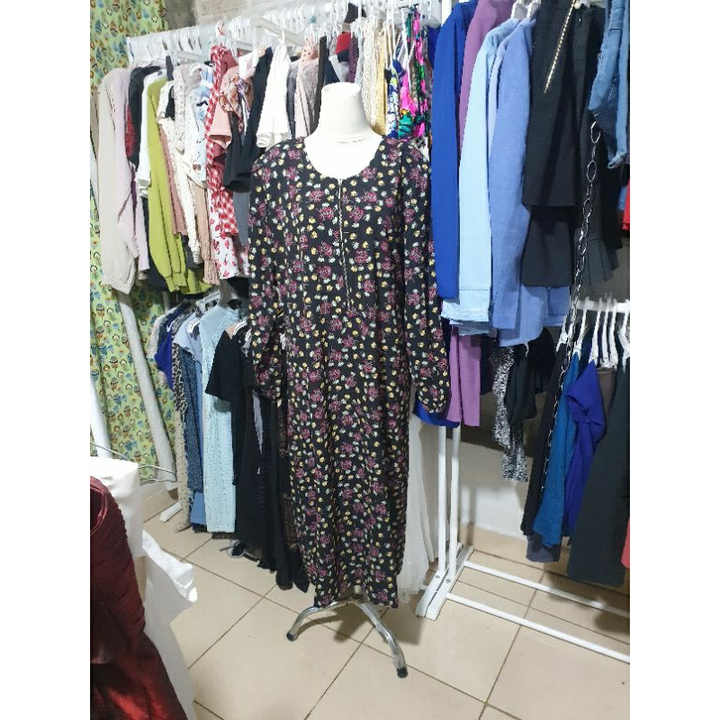 Long dress hitam gamis busui motif bunga kecil