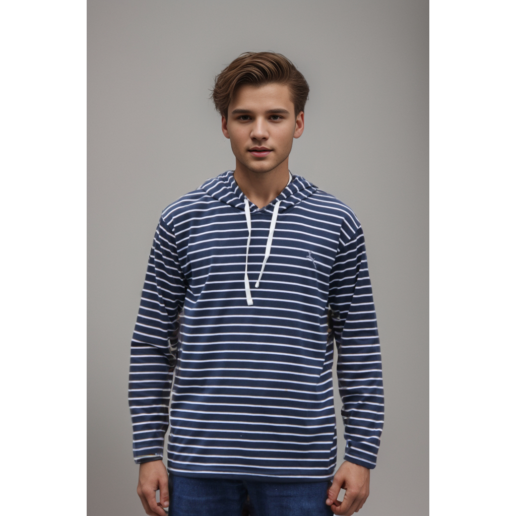 ROMP Kaos Hoodie Stripe Lengan Panjang Pria