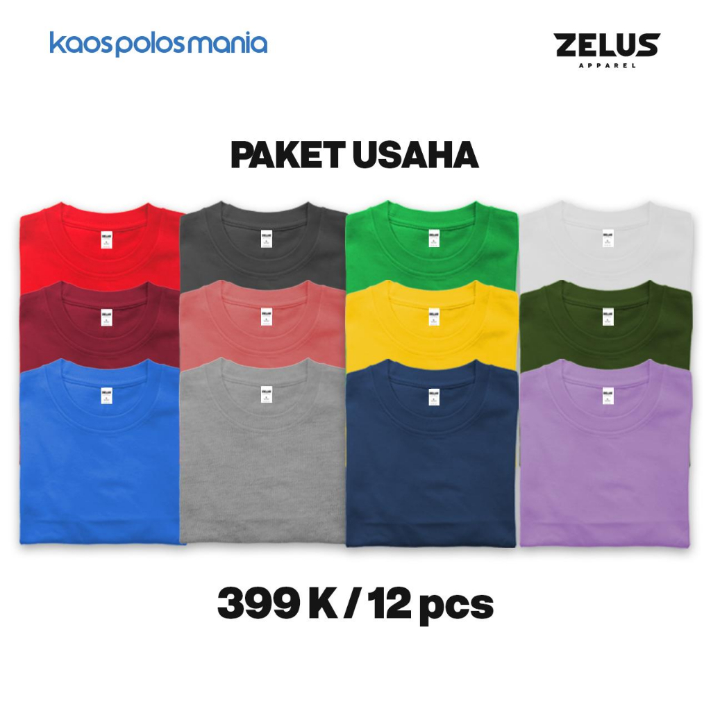 USAHA] Zelus Apparel Paket Usaha Kaos Polos Pria Lengan Pendek Soft Cotton Tanpa Jahit Samping
