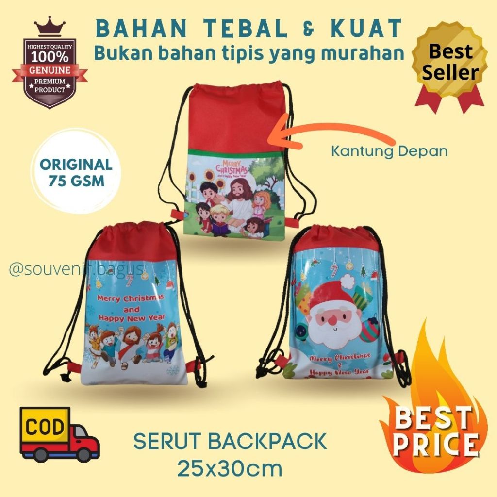 

Tas Natal anak gendong serut backpack stringbag souvenir sekolah minggu natal hampers christmas