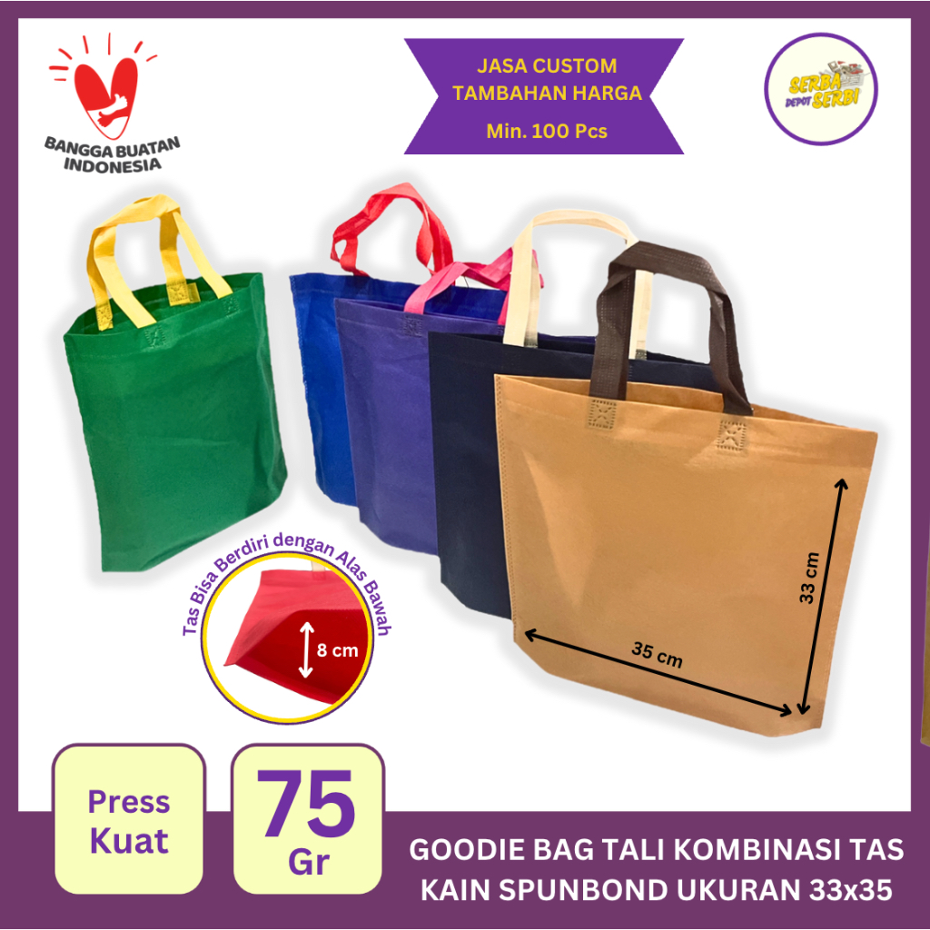 

Goodie Bag Tas Belanja 33x35 Bahan Kain Spunbond Alas 8 cm 75 gr Untuk Suvenir Ulang Tahun Hajatan