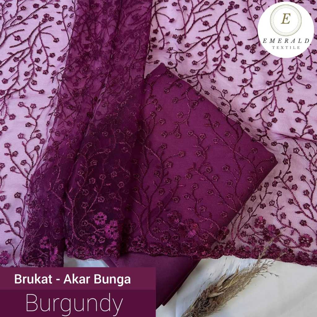 SETENGAH METER Kain Brukat Tile Prancis Premium Bahan Kebaya Motif Akar Bunga - Burgundy ( HARGA OER