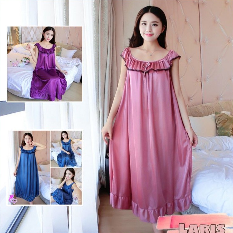 KODE ZOV726 Laris - Daster pita satin renda hitam LD 125 CM / Baju tidur lingerie sexy satin import 