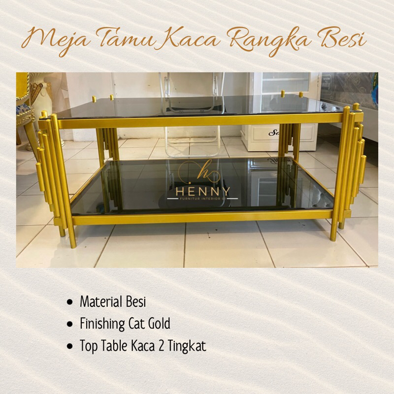 Henny Furniture Meja Tamu Kaca Rangka Besi Finishing Gold