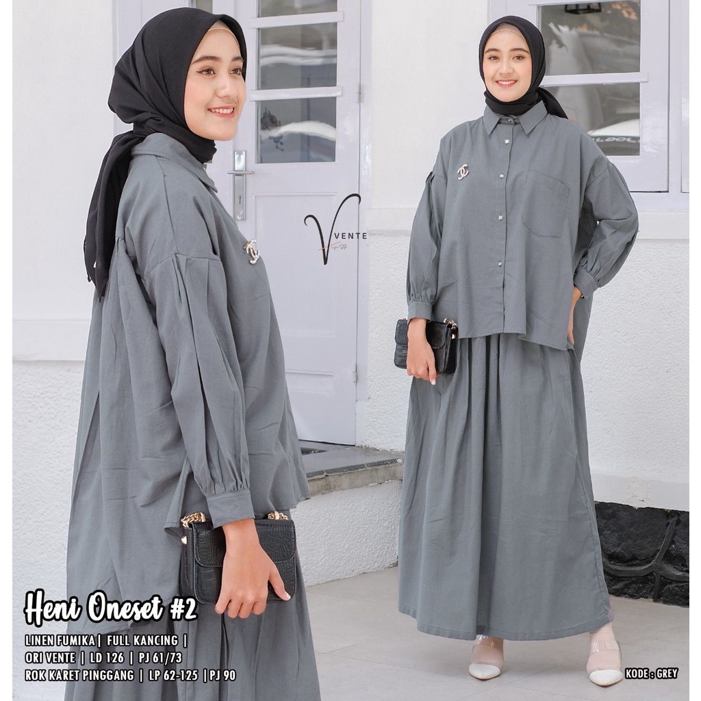 HENI ONESET  / HENI 2 SKIRT SET SETELAN ROK ONE SET BUSUI LINEN JUMBO BIGSIZE LD134 LINEN RAMI