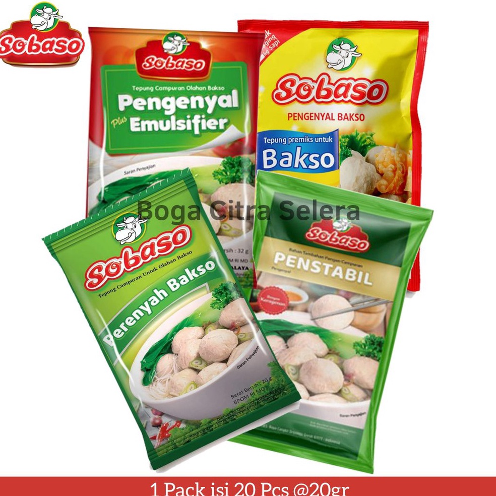 

[☠D39/] Sobaso Tepung Perenyah, Pengenyal & Penstabil Bakso 20gr (1 Pack isi 20) Cuci Gudang