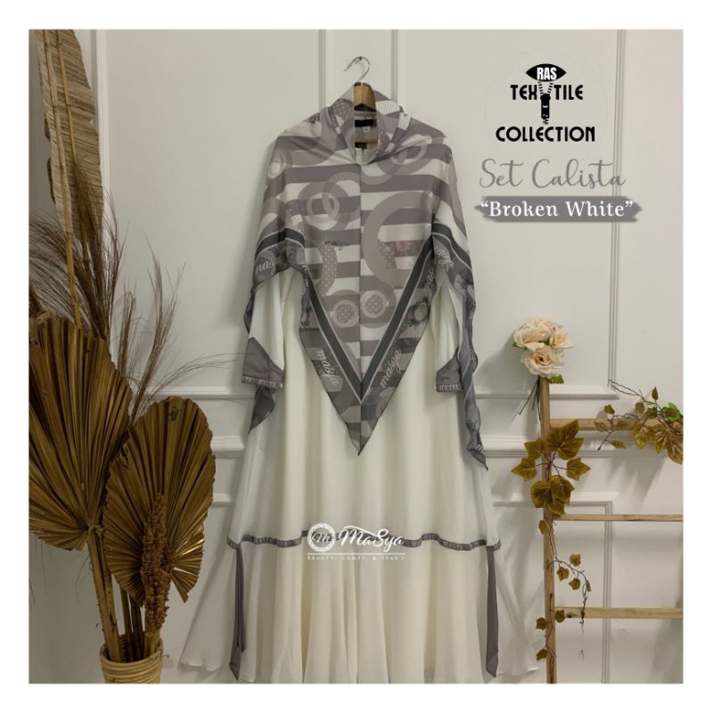 Set Gamis Dress Ceruty Babydoll Syari Branded Warna Putih Tulang - Broken White Mewah Masya Syari Or