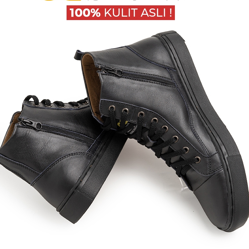 Sepatu Sneaker Boots Pria Kulit Asli Brush Off Cibaduyut OC Sajiwa Pantofel Casual Zipper Hitam Tali