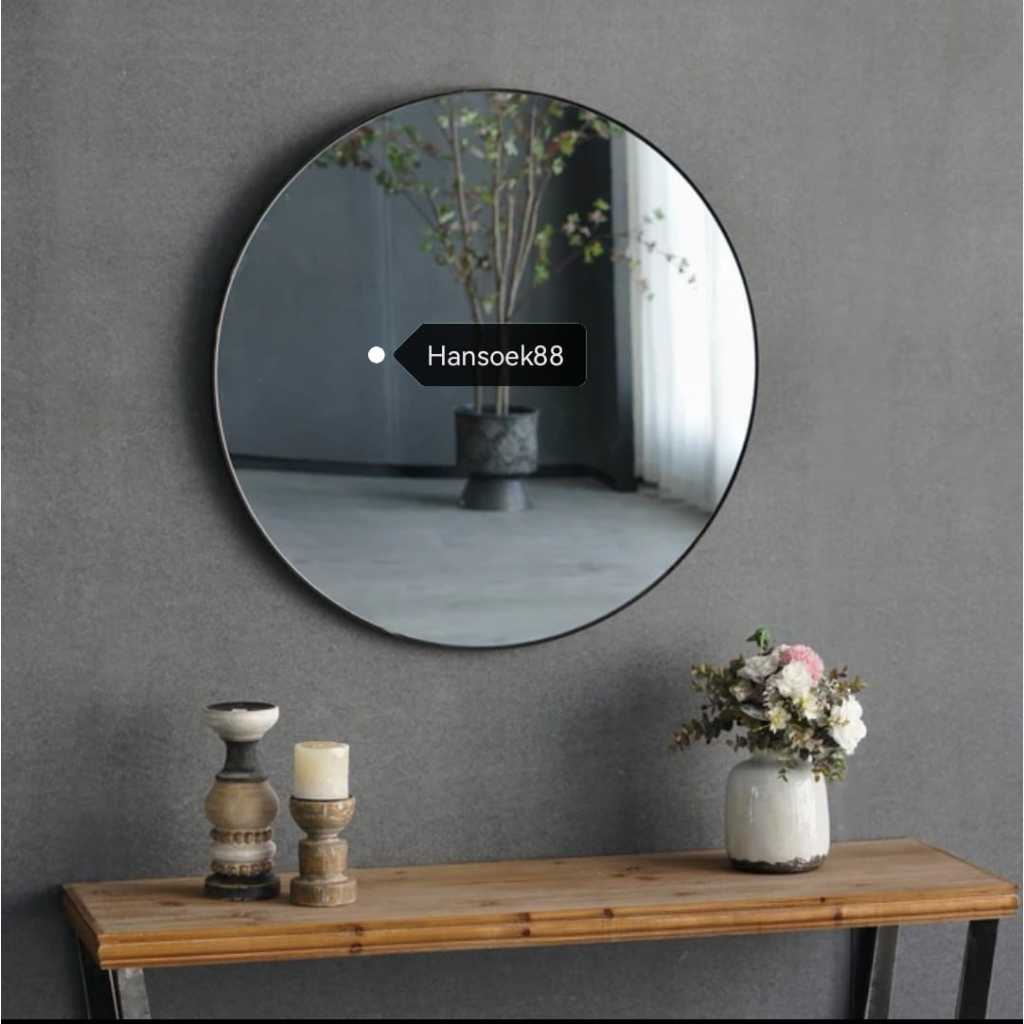 KACA CERMIN BULAT BESAR GANTUNG KACA CERMIN BULAT FRAMELESS LIS TIPIS HITAM ELEGAN DIAMETER 80 CM CE