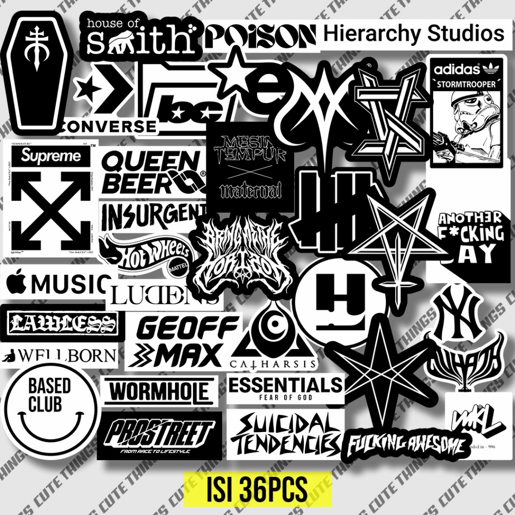 

36pcs stiker pack aesthetic black white brand band metal stiker helm tumbler laptop case