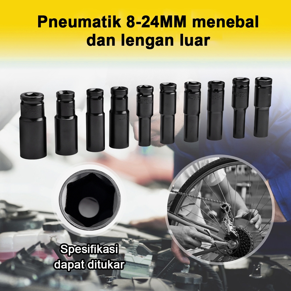 Impact Socket Set 10Pcs 1/2 Inch 8-24MM Extension Impact Socket Panjang Mencapai Soket Nut Perbaikan AlaT