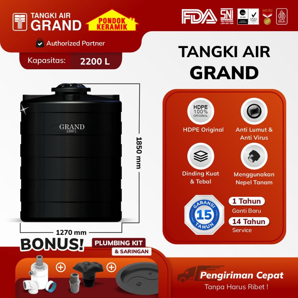 Tandon Toren Tangki Air Tedmond Grand 2200 L Anti Lumut & Sertifikasi Halal Pertama di Indonesia Gar