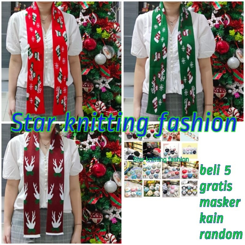 syal syall shawl scraf natal christmas motif topi santa merah dan hijau