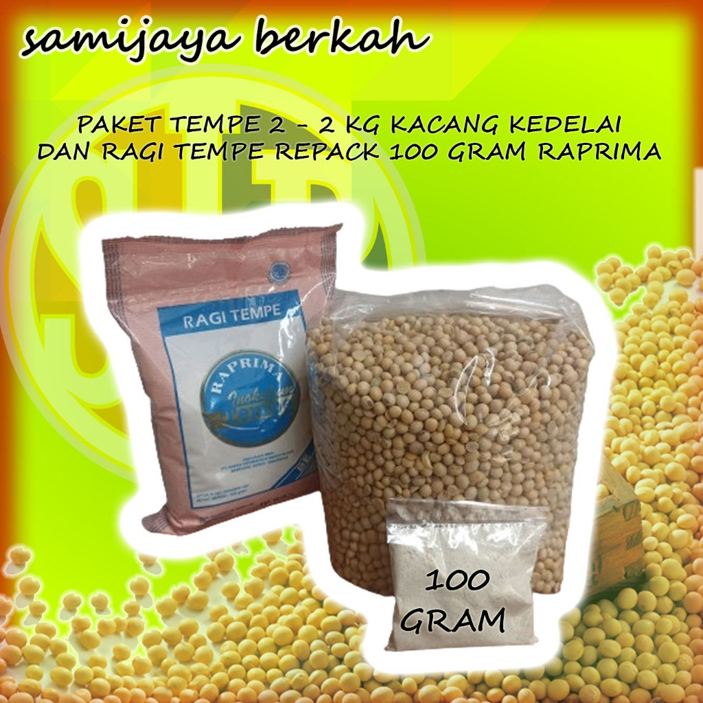 

PAKET TEMPE 2 - 2 KG KACANG KEDELAI DAN RAGI TEMPE REPACK 100 GRAM MERK RAPRIMA