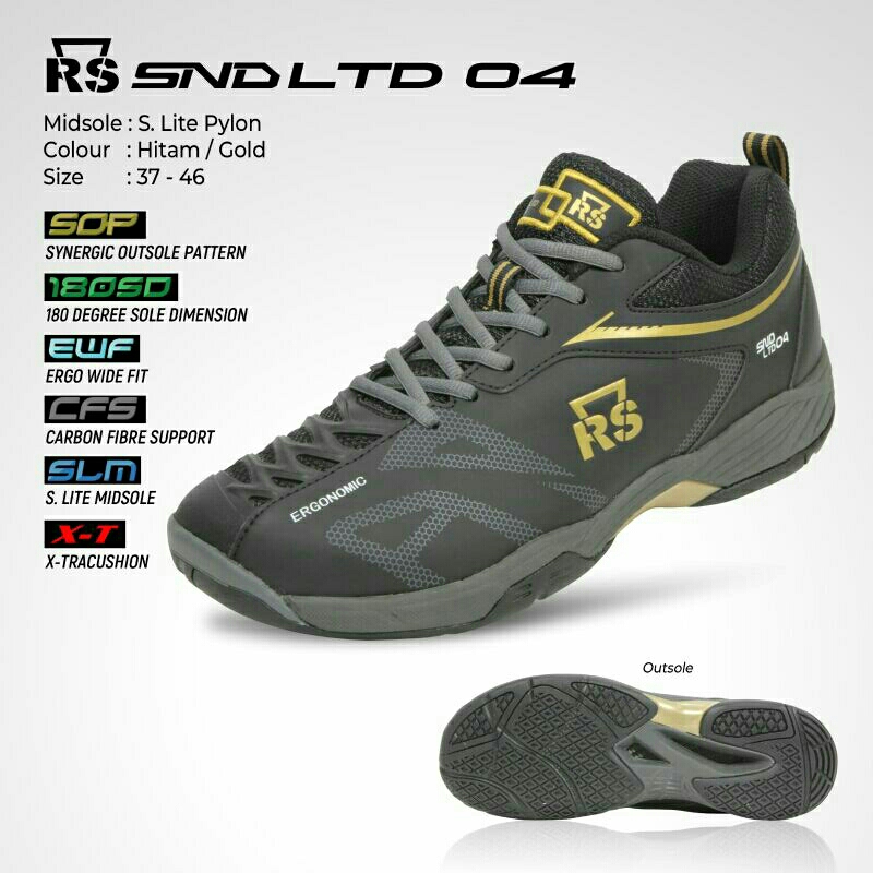 Sepatu Badminton Bulutangkis RS Snd Ltd 04 Black Gold Dijamin Original Official Reinforce Speed