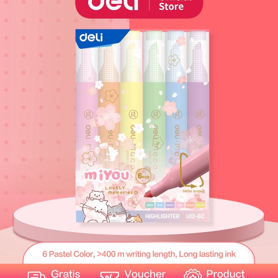 

[KODE B8VHC] Deli Highlighter Penanda Warna Pastel 1 Set Isi 6 Warna Cerah dan Soft Kemasan Mika Lucu EU12-6C