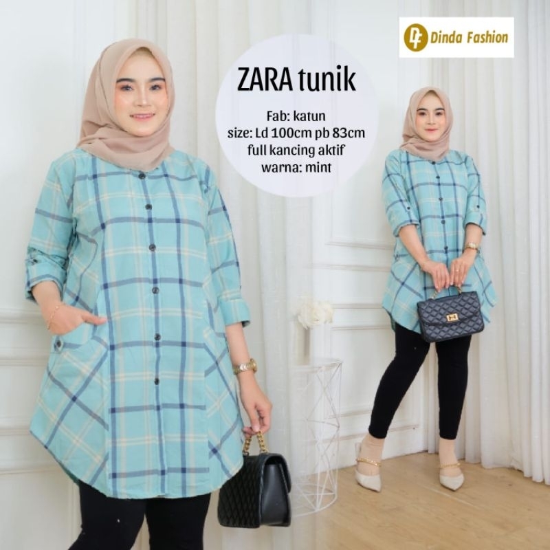 Zara Tunik Original By Dinda Fashion Atasan Muslimah Perempuan Motif Kotak Kotak Ld 100 Kancing Akti