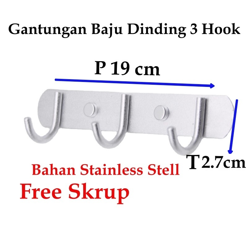 Gantung Baju Dinding Besi 3 Kuping Free Sekrup Hook  Gantung Baju Tempel Dinding