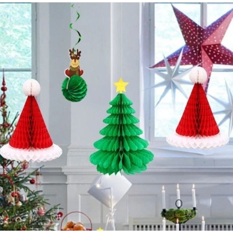 KLF - Gantungan pohon natal topi natal honeycomb ornamen natal christmas gift kertas , Hiasan pohon 