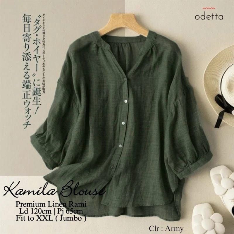 RIVANA BLOUSE JUMBO | Kemeja Polos Wanita Kerah Shanghai Bahan Linen LD 120