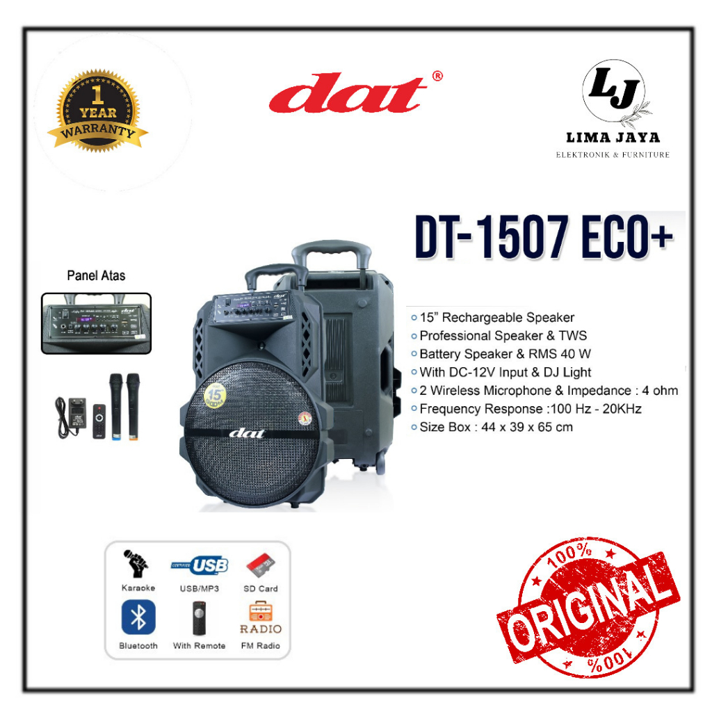 Speaker Portable Bluetooth Karaoke DAT DT-1507 Eco+ Speaker Trolley Boom Series Spiker Wireless 15 I