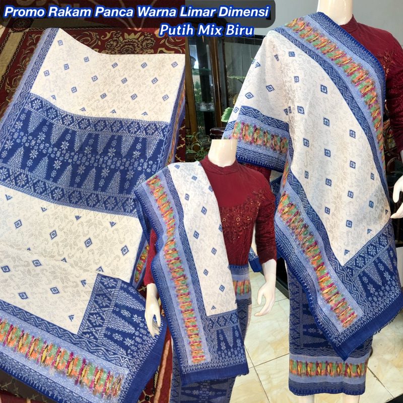 Songket Rakam Panca Warna Limar Dimensi Promo / Putih mix Biru / songket tenun asli palembang /ilham