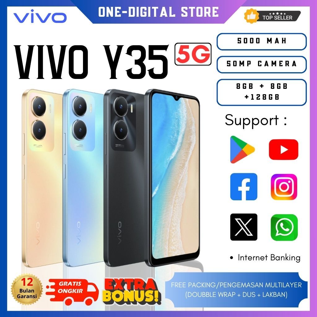 【HP BARU】【BISA COD】NEW Vivo Y35 5G RAM 8GB+8GB/ROM 128GB Batterai 5000mAh 50MP Camera Garansi 12 Bul
