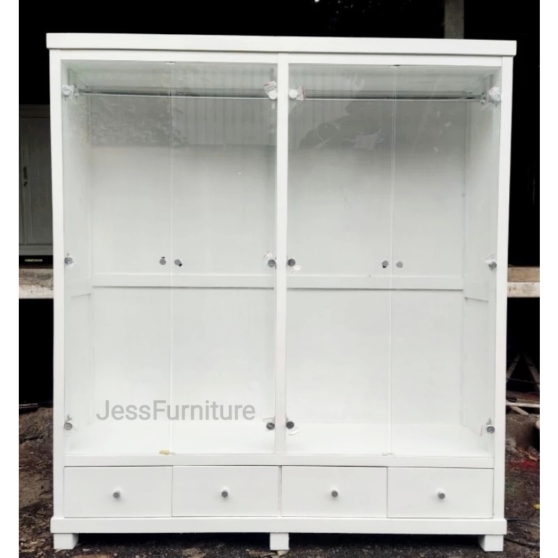 Lemari Baju 4Pintu Full Gamis Kaca , Lemari Baju 4Pintu Full Gantungan Putih Pintu Kaca