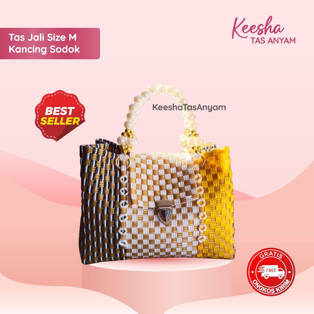 Tote Bag Lucu Aesthetic Tas Anyaman Plastik Pesta Jali Jali Size M Model Petty Free Syal Kancing Sod
