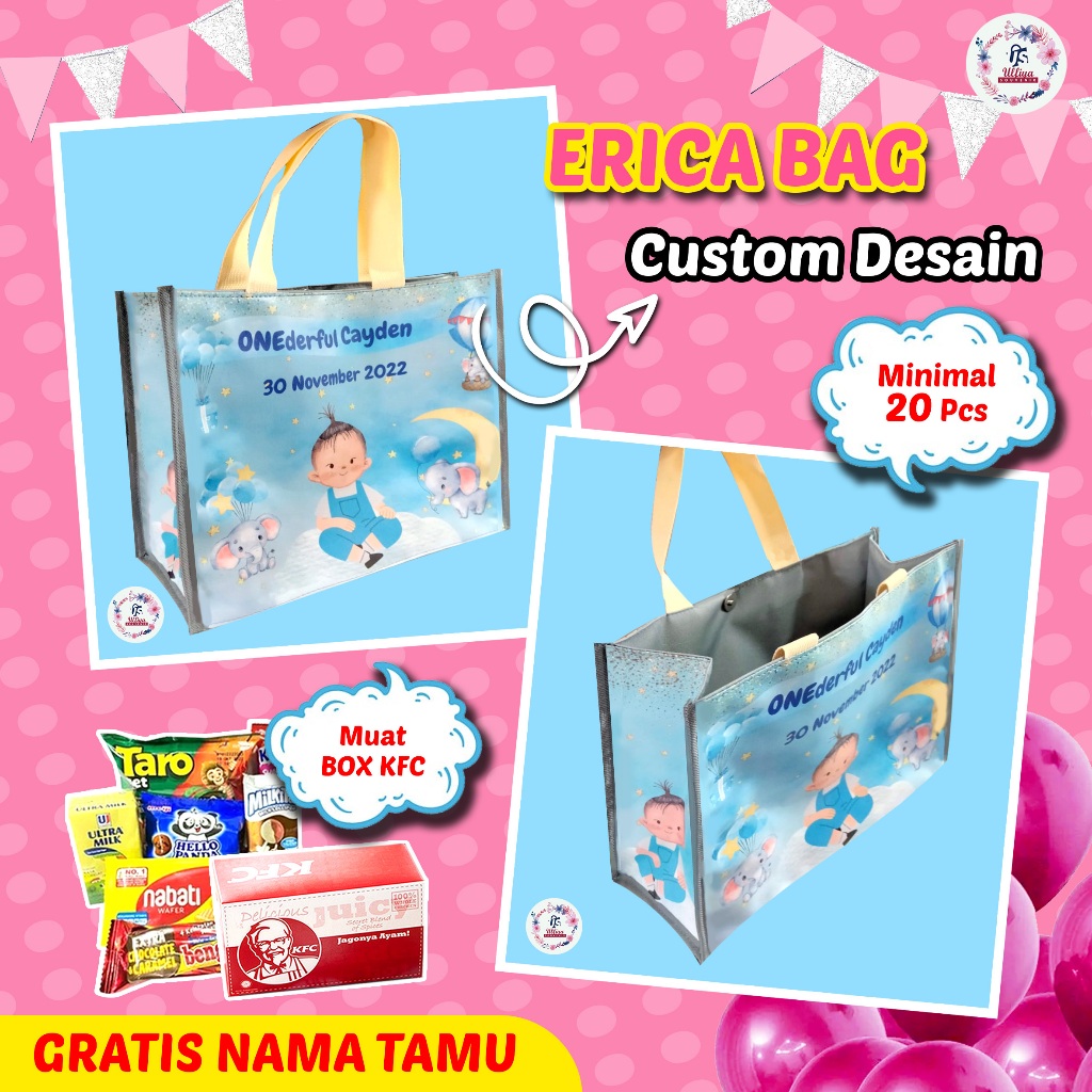 

PREMIUM MODEL ERICA BAG 27x20x11 Tas Ultah Murah Di Bawah 20 Ribuan Tema Labubu Dan Bisa Custom Tema Cewek Cowok, Foto, Nama