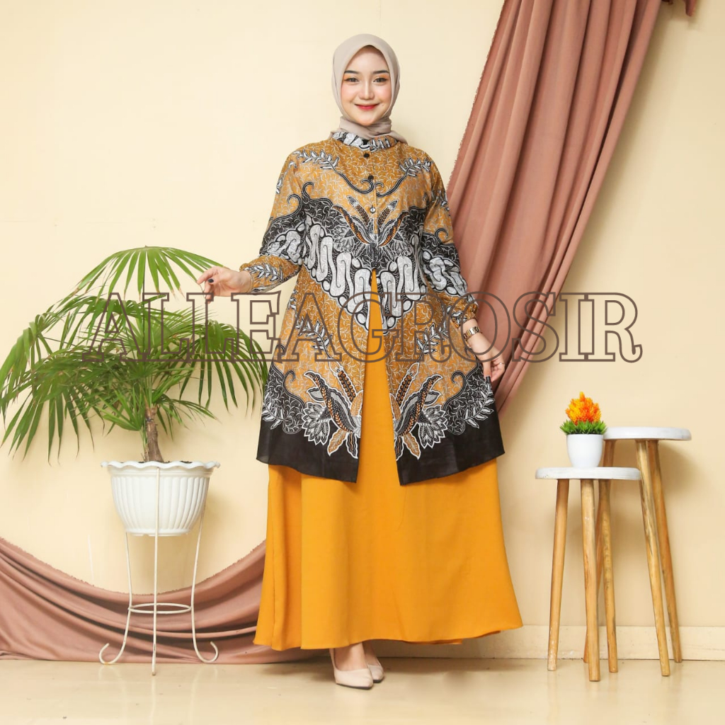 Gamis batik Motif Parang Kuning modern premium, dress muslim, gamis batik kombinasi Baju Katun