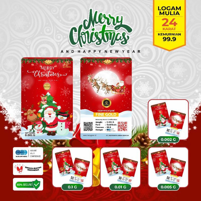 Souvenir / Kado emas Baby Gram tema Natal /Merry Christmas 0.001,0.002,0.005, 0.01 gram