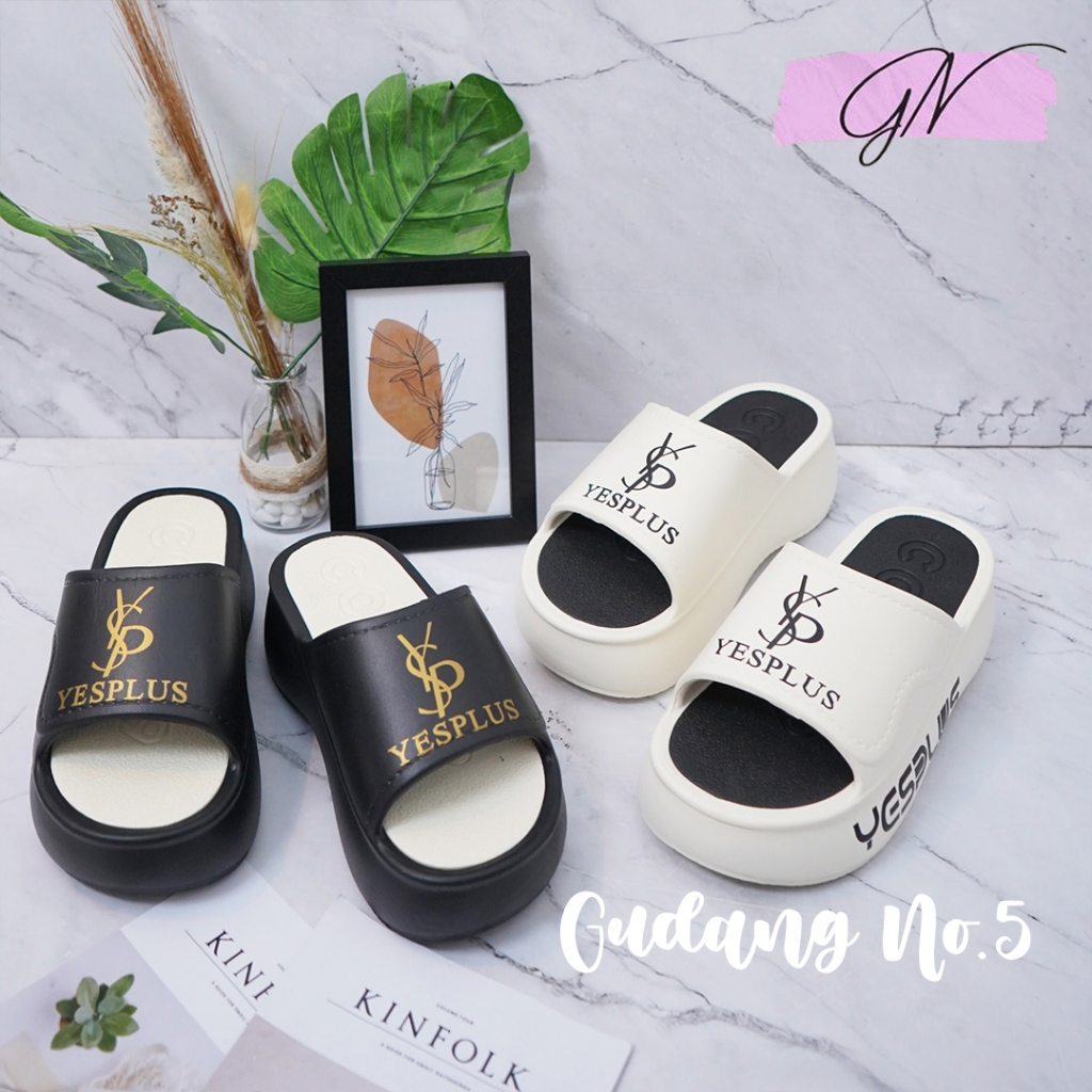 Termurah Gn-2522 Sandal Selop Wedges Ysl Sandal Wanita Tinggi 6 Cm Model Terbaru Import