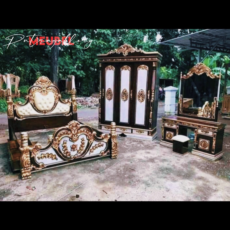 Set Kamar Tidur Cinta Ukir Kayu Jati Jepara Finishing Warna Natural Kombinasi Motif Marmer PGM-008