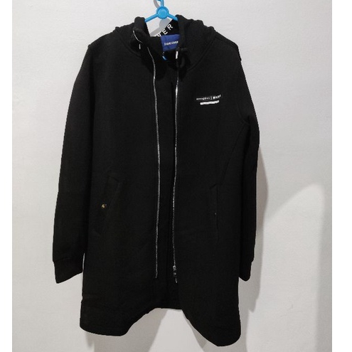 Frank Stone Hoodie Zipper Long Coat Pria Size M Jaket Hitam dengan Resleting Depan